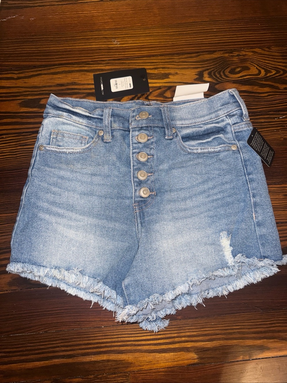 Fashion Nova Light Blue Button-Fly Distressed Denim Shorts